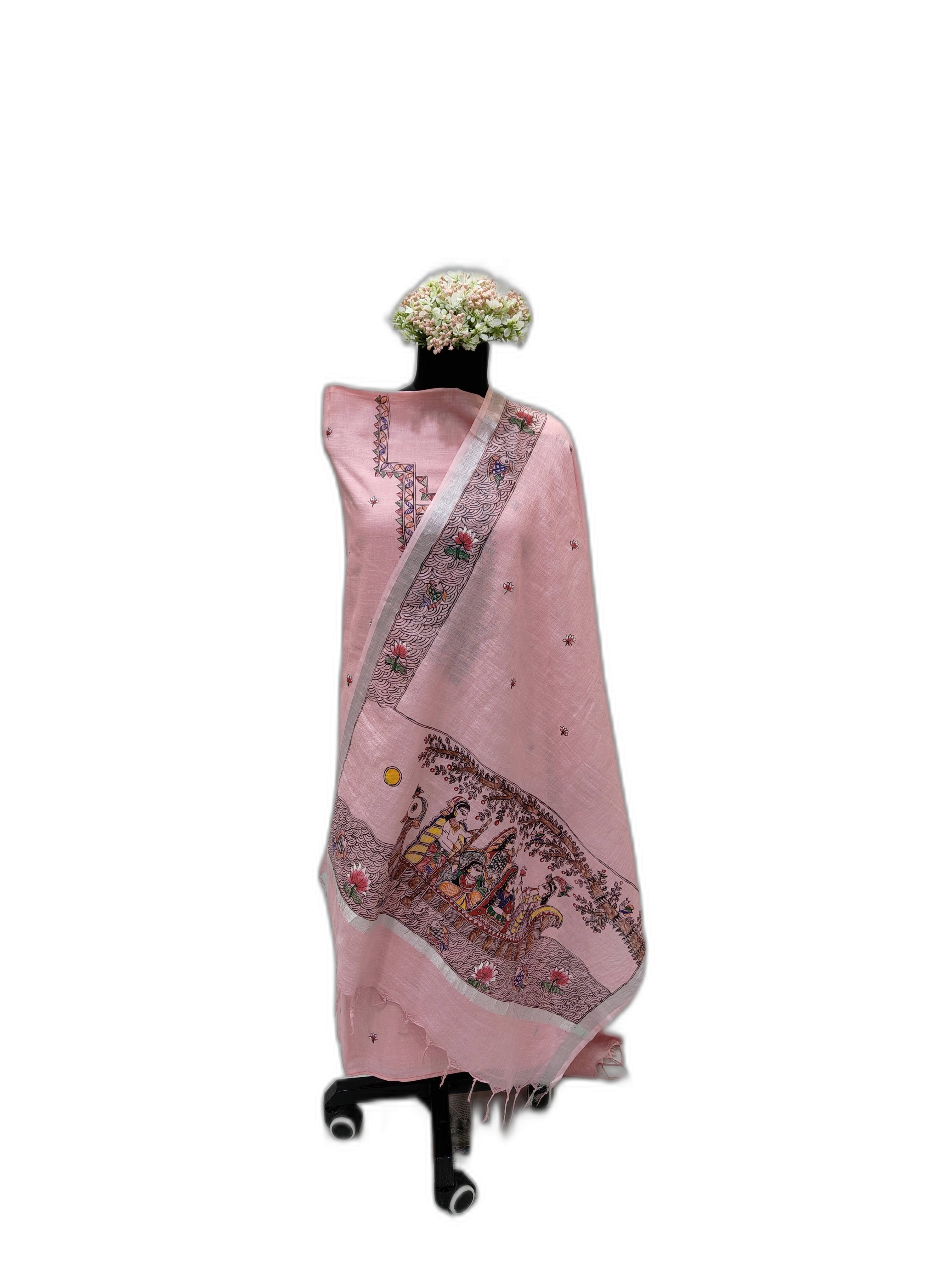 Hand-Painted Madhubani Unstitched Cotton Suit Set in Light Pink